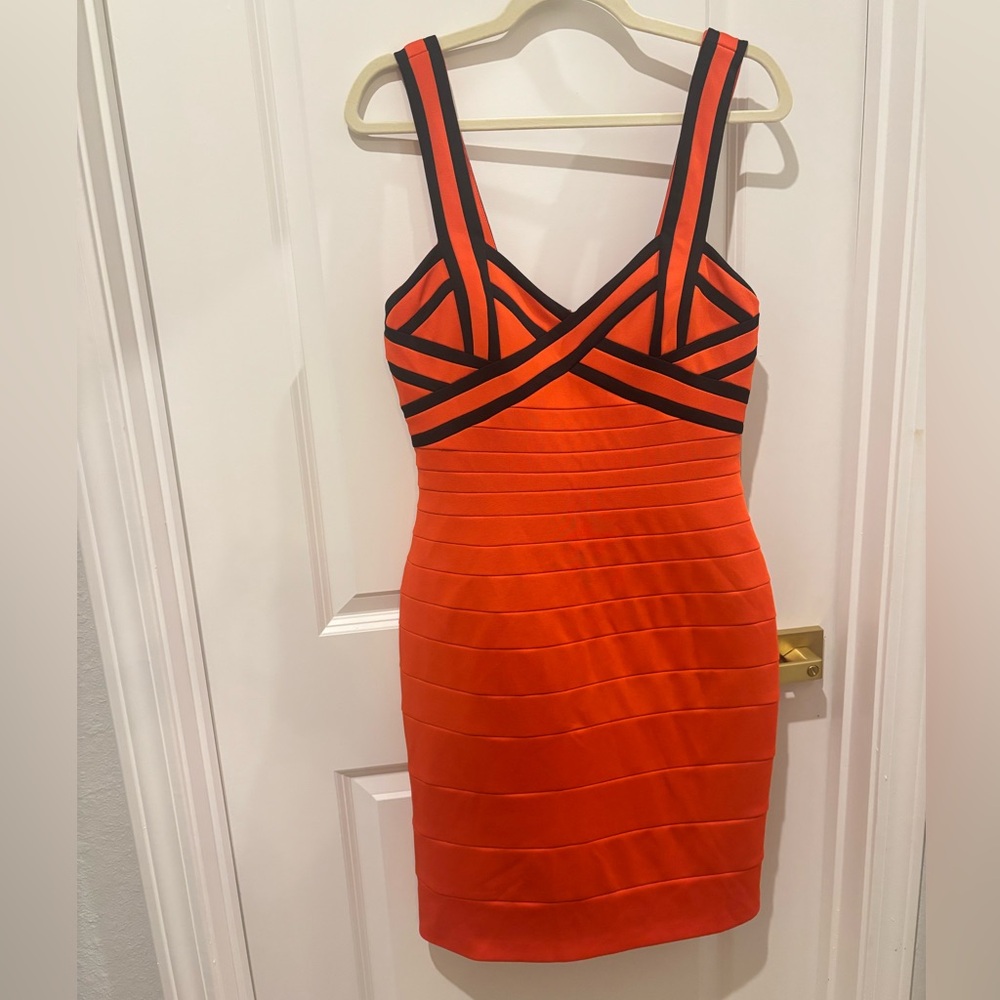 🧡Vintage Courage.b Y2K Tangerine Orange & Black Bodycon Bandage Dress 12